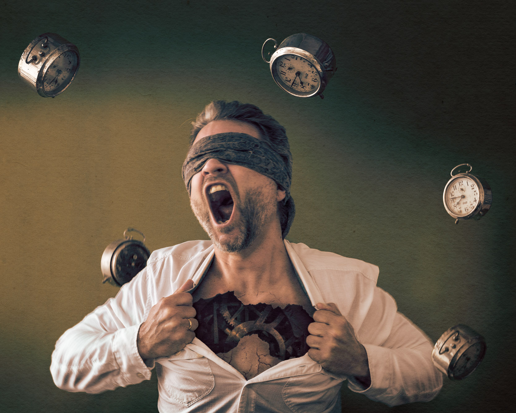 creative photo edit of a screaming man with clocks around him and in is chest